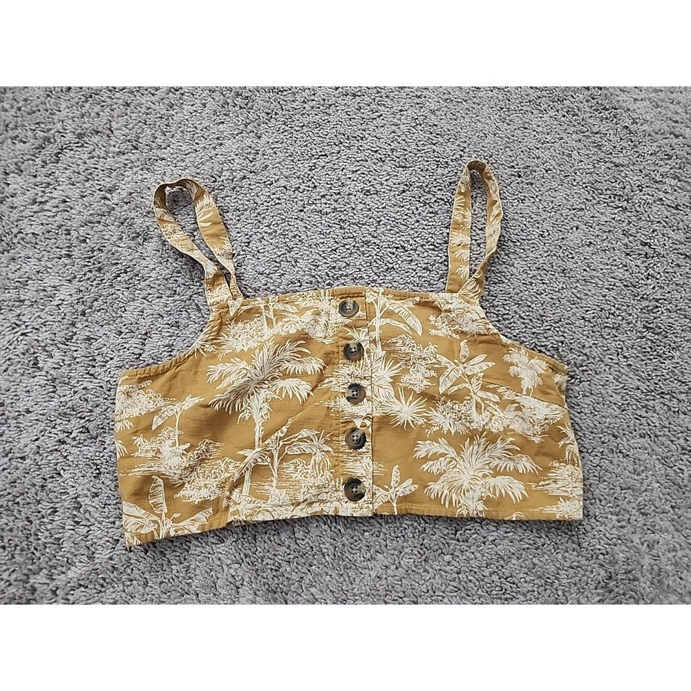 American Eagle Crop Tank Top Womens M Yellow Tropical 13% Linen Boho Summer